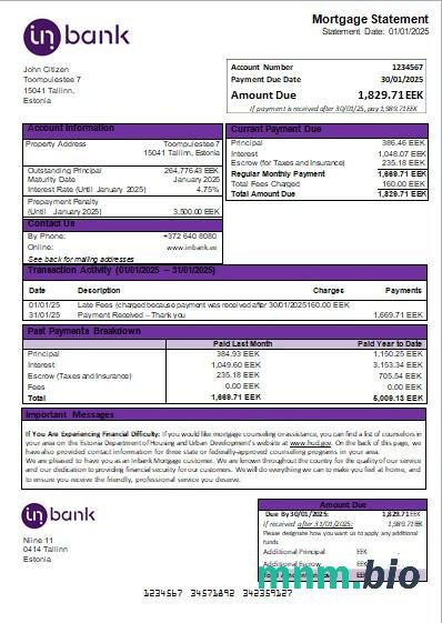 Estonia Bank Inbank wyciąg z kredytu hipotecznego szablon Word i PDF